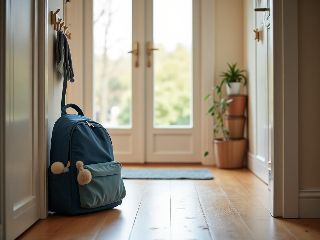 A child's school bag resting by the front door in a calm family home