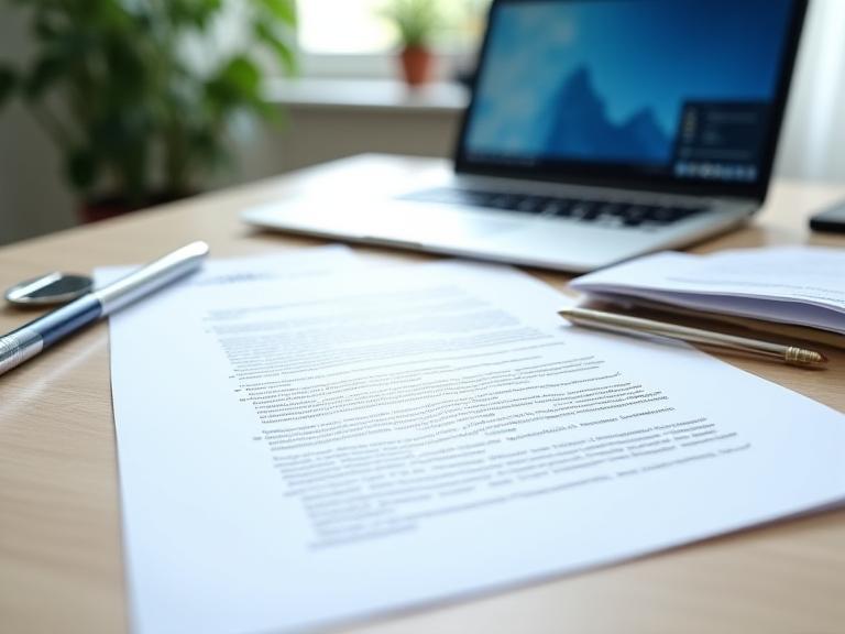Printed sales contract with handwritten margin notes beside a laptop on a small business desk